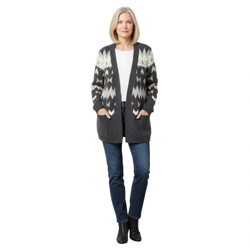 J.Jill Womens Cardigan Size‎ L Gray Fair Isle Beaded Pockets Scandi Coastal Wool